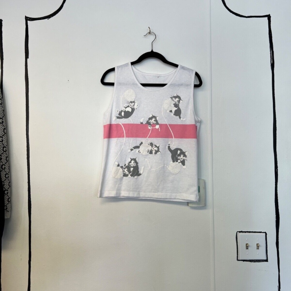 Vintage 80s Playful Kittens Tank White & Bubblegum Pink Striped Grey Cat #Kitty
